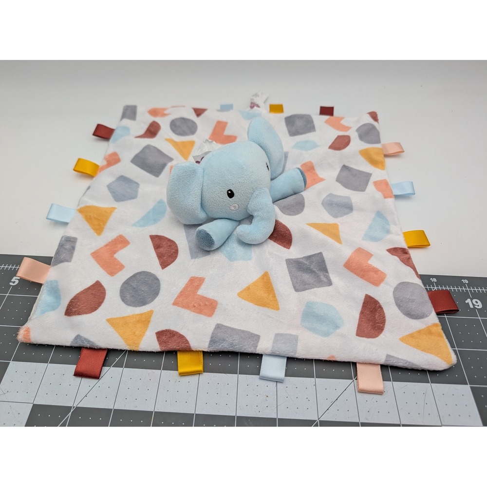 Parents Choice Blue Elephant Lovey Baby Security Blanket Geometric Shapes Ribbon